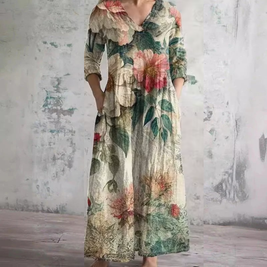 Multicolor floral summer dress with V-neck and long sleeves, loose flowing fit