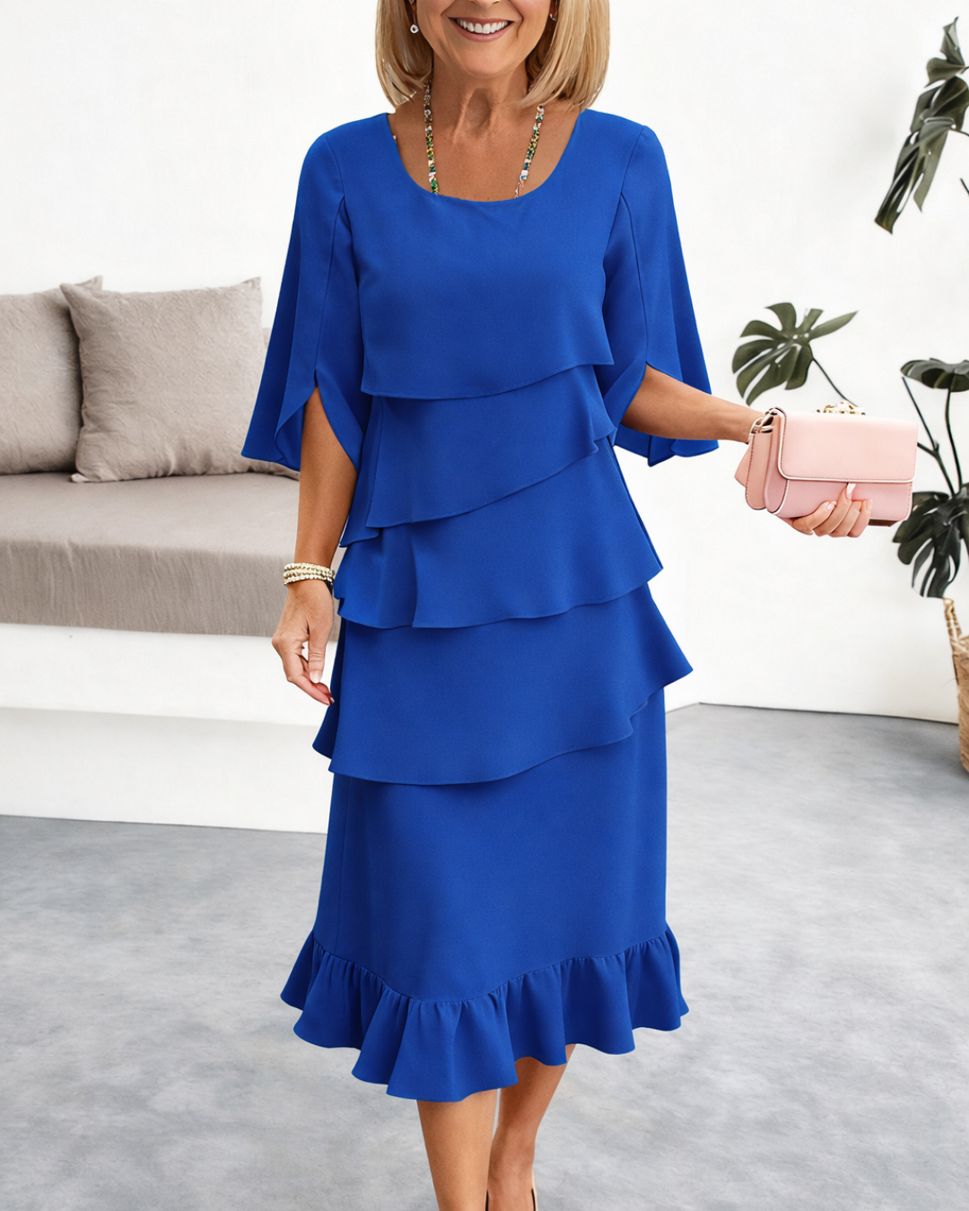 Blue ruffle tier midi dress with layered ruffles and flutter sleeves