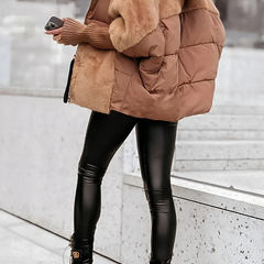 Tan plush hooded jacket with full front zipper and drawcord, long sleeves