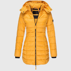 LIORAH long down jacket in mustard yellow with hood and full front zipper.