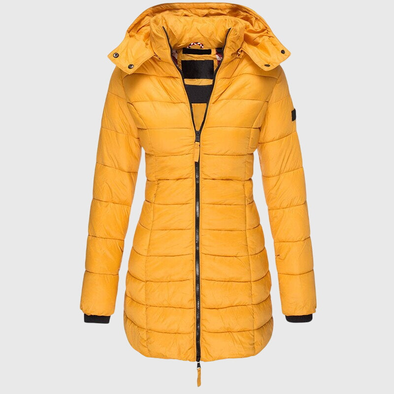 LIORAH long down jacket in mustard yellow with hood and full front zipper.