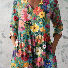 Floral V-neck blouse with multicolour flower print, three-quarter sleeves, gathered waist