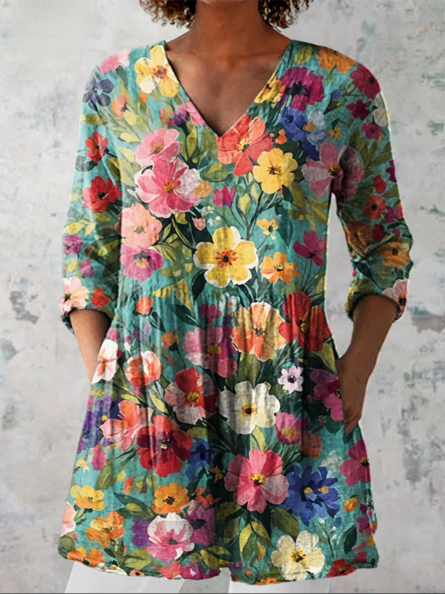 Floral V-neck blouse with multicolour flower print, three-quarter sleeves, gathered waist