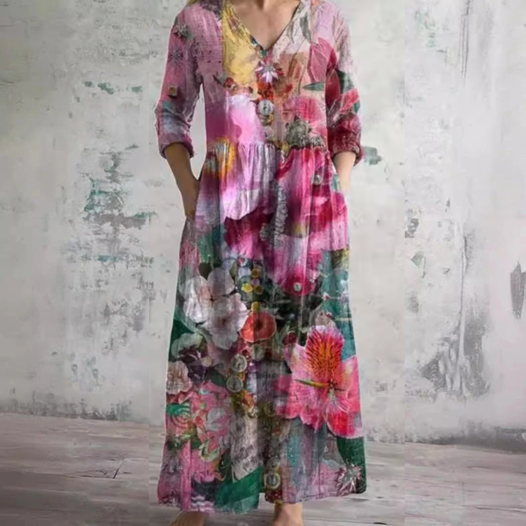 Floral summer dress in pink with multicolor botanical print, V-neck, 3/4 sleeves
