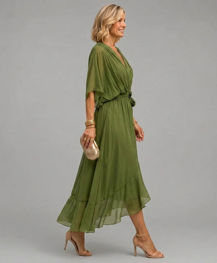 Olive green V-neck tie-waist midi dress, side view with draped flutter sleeves