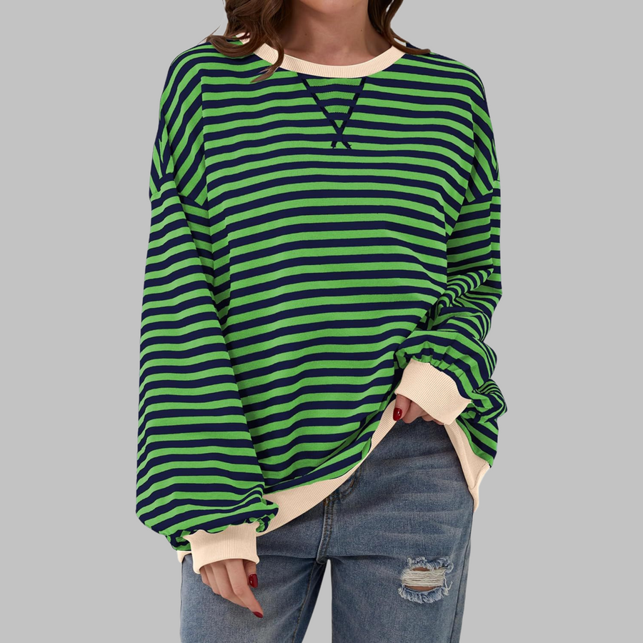 Striped long-sleeve round-neck shirt in green and black with loose fit hem detail