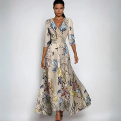 Botanical print wrap midi dress in cream with blue and mauve flowers, V-neck and belt