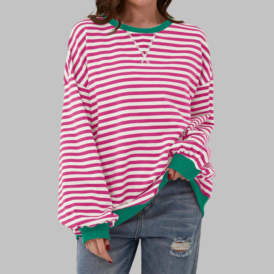 Striped long-sleeve round-neck shirt in pink and white with loose fit hem detail