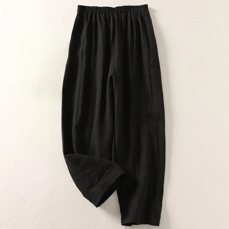 Black elastic-waist comfortable everyday trousers with loose, tapered legs
