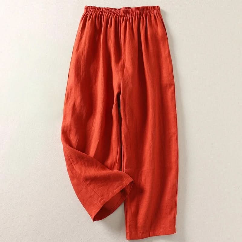 Orange cotton-linen pants with elastic waistband and relaxed wide-leg fit