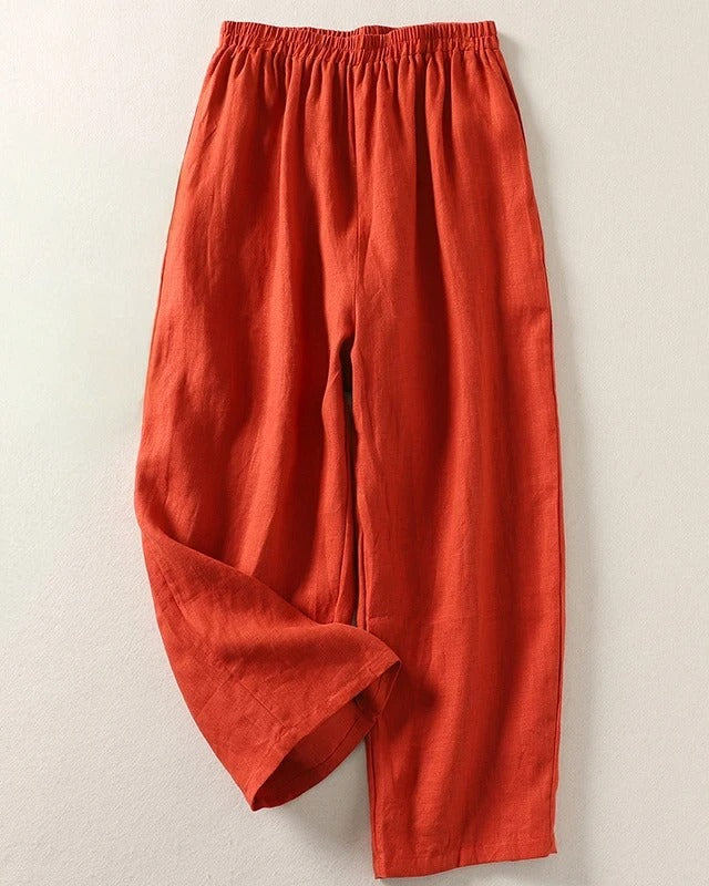 Orange elastic-waist comfortable everyday trousers with loose, tapered legs