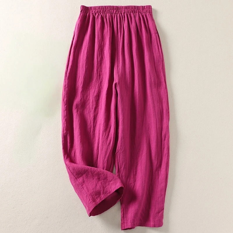 Pink elastic-waist comfortable everyday trousers with loose, tapered legs