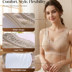 Seamless lace support bra feature diagram: wider straps, lace trim, removable cups