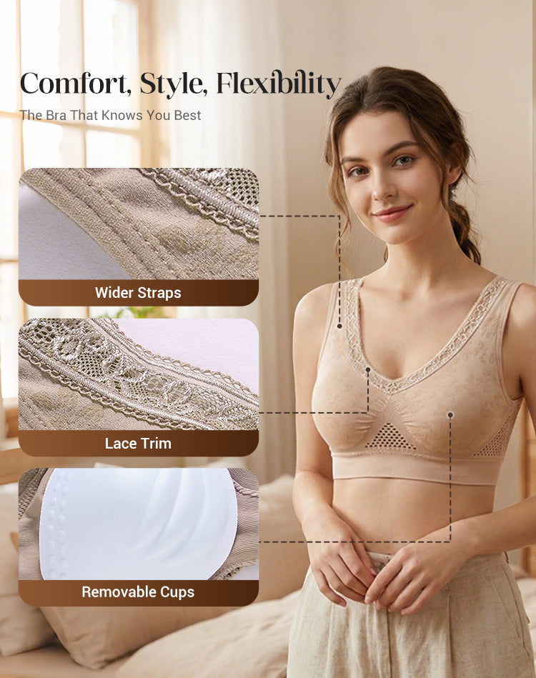 Seamless lace support bra feature diagram: wider straps, lace trim, removable cups