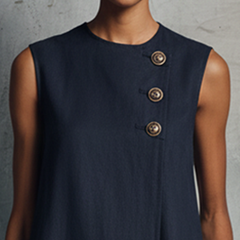 Dark blue sleeveless dress bodice with three gold buttons