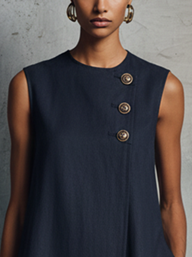 Dark blue sleeveless dress bodice with three gold buttons