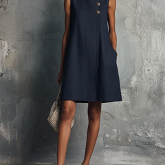 Navy sleeveless mini dress with button placket and slightly flared skirt