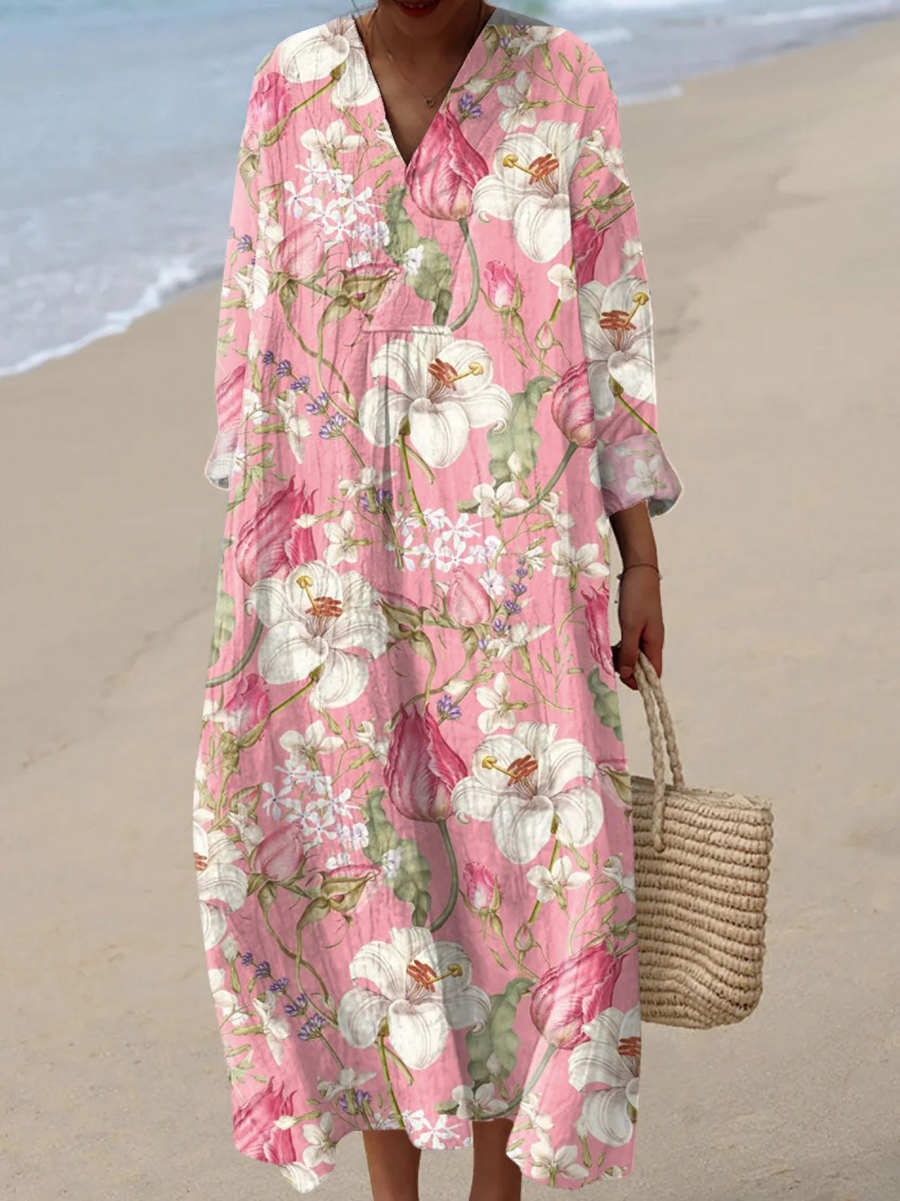 Pink boho maxi dress with floral print, V-neck, three-quarter sleeves