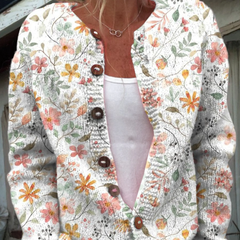 Women's floral knit cardigan, button-front V-neck, long sleeves, cream with multicolor flowers