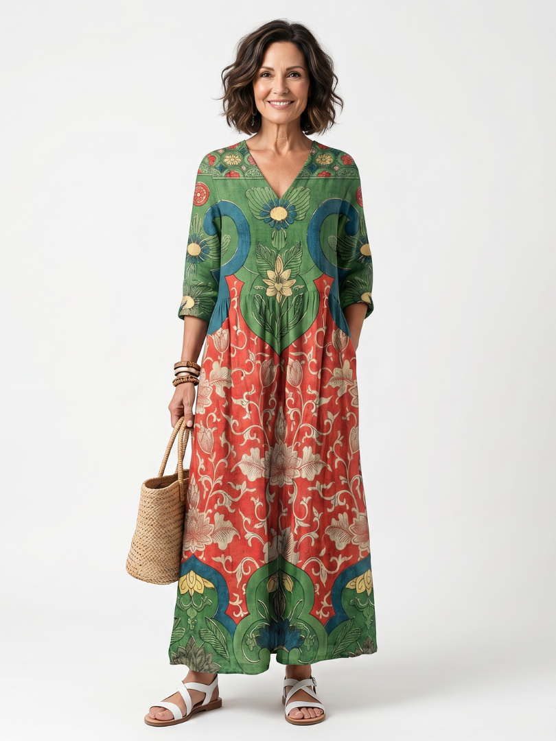 Multicolor botanical print V-neck midi dress with 3/4 sleeves