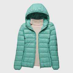 Ultra-light quilted hooded jacket with full-zip front, mint green shade