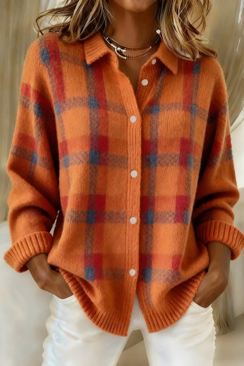 Orange plaid knit cardigan with button front, collared V-neck, long sleeves
