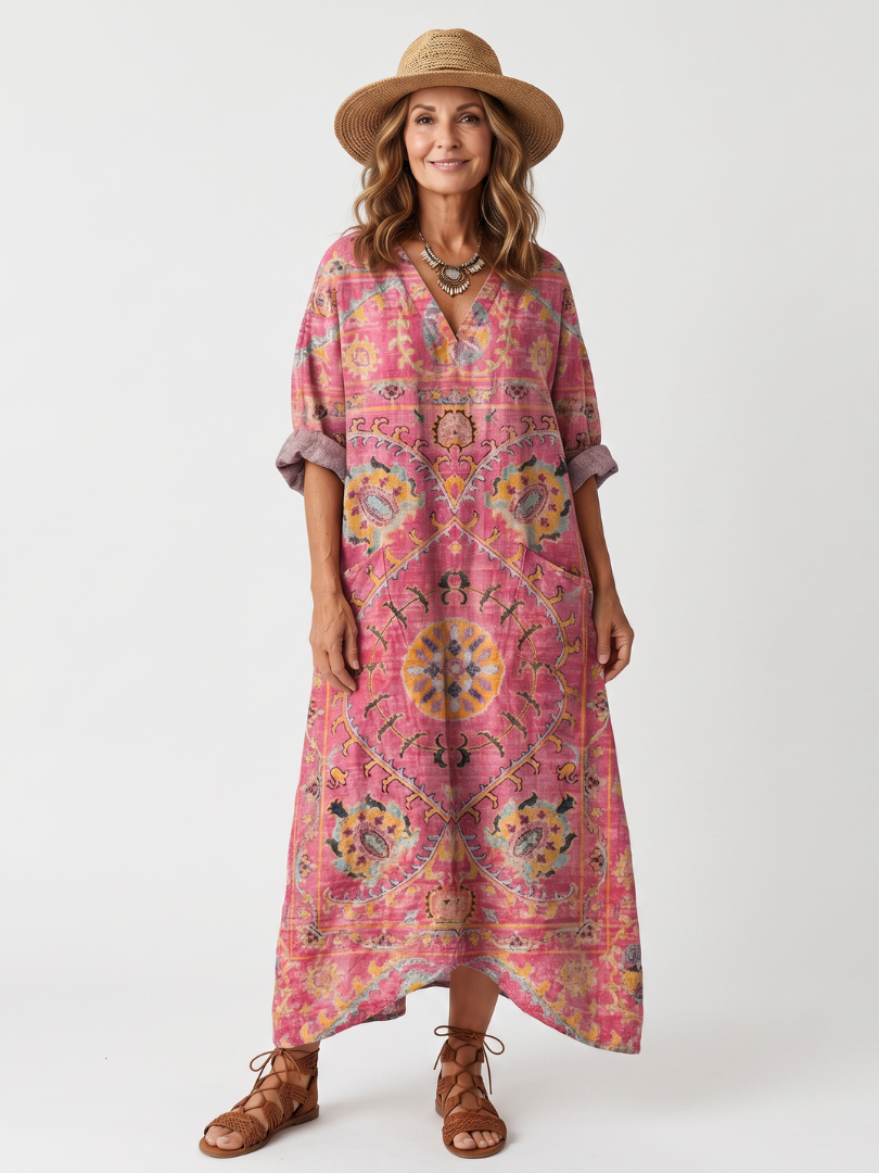 Pink abstract print midi dress with V-neck, short sleeves, and side pockets