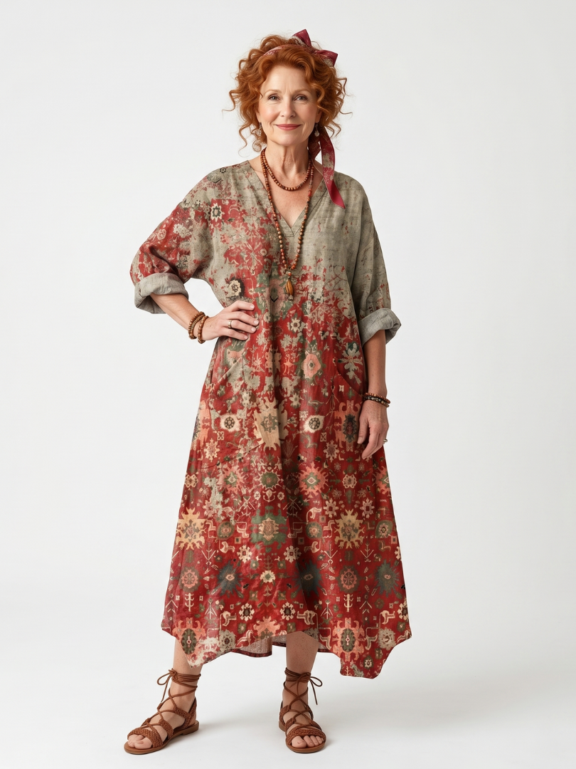 Women's mixed-print midi dress with pockets, red and beige floral pattern