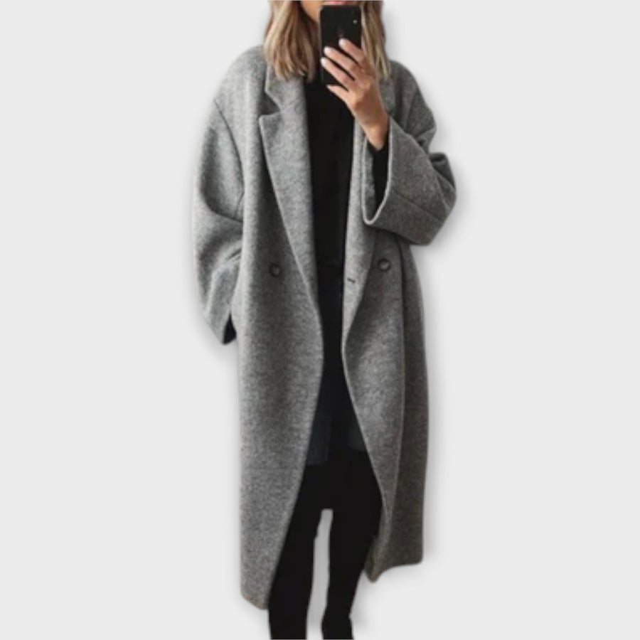 DAISY timeless elegant coat, grey long wool with notch lapel and button front