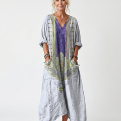 Women's oversized pocket midi dress with purple contrast panel and floral embroidery