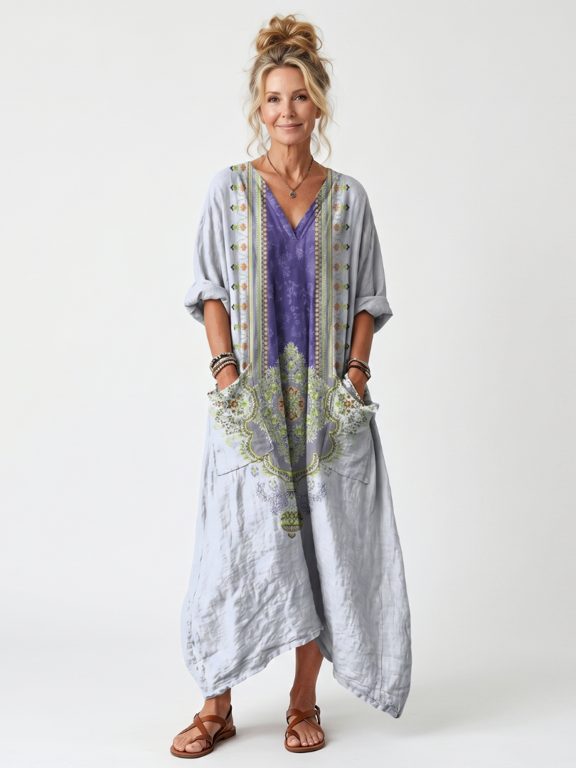 Women's oversized pocket midi dress with purple contrast panel and floral embroidery