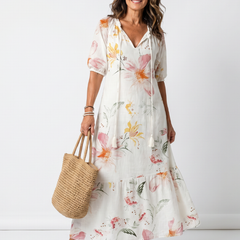 Floral tiered midi dress, white with colorful blossoms, V-neck, puff sleeves