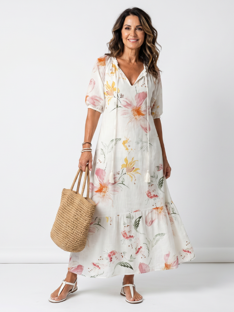 Floral tiered midi dress, white with colorful blossoms, V-neck, puff sleeves