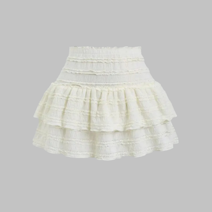 Ivory tiered ruffle skort with wide elastic waistband and layered tiers