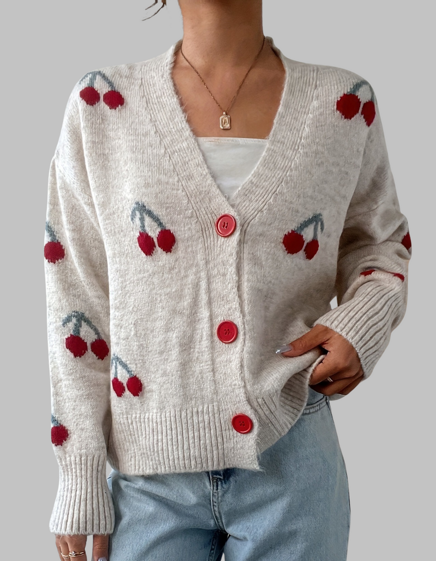 White long-sleeve cardigan sweater with cherry print, round red buttons