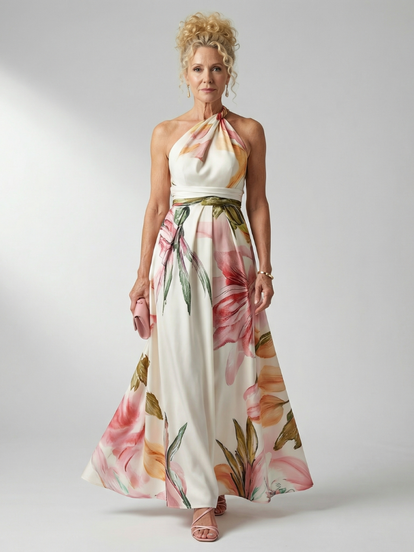 Light floral maxi dress, white base with pink and green botanical print, halter neck