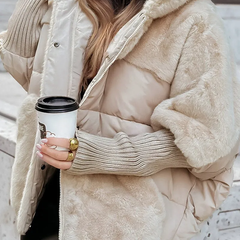 Beige plush hooded puffer jacket with zip front, faux-fur hood, ribbed sleeve cuffs