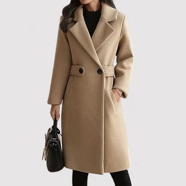 Beige belted classic coat with notched lapels and two-button closure, long sleeves.
