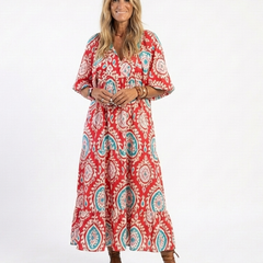 Paisley print V-neck midi dress in red with teal and white
