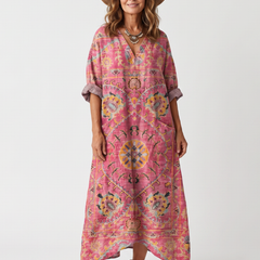 Pink abstract print relaxed pocket midi dress with V-neck, loose fit, three-quarter sleeves
