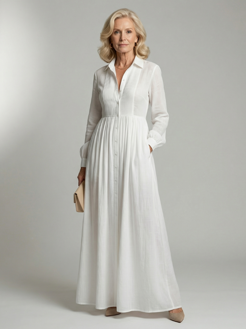 White soft flow maxi dress, long sleeves, button front, gathered waist