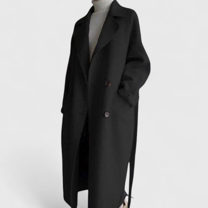 Elegant black double-breasted coat with notch lapels and front buttons