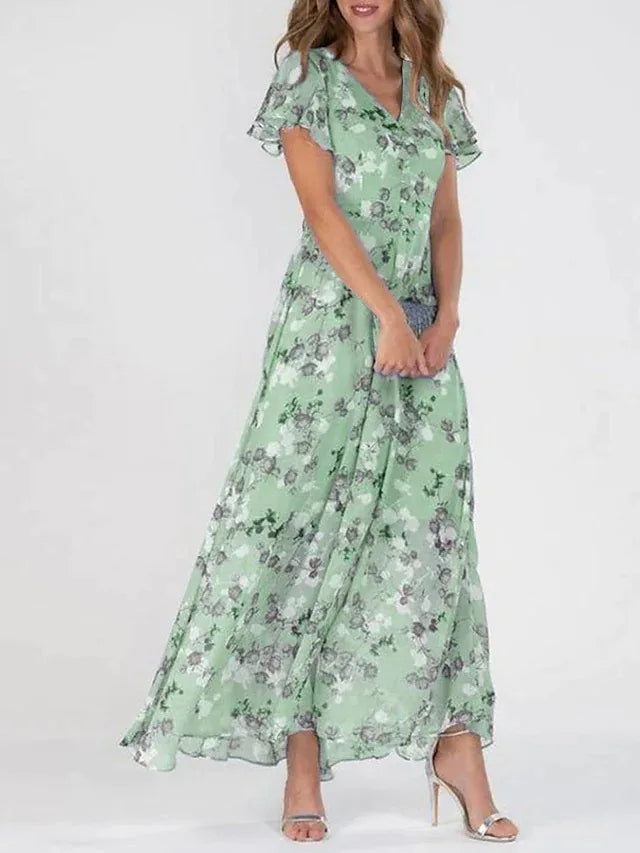 Green floral maxi dress with short flutter sleeves and V-neck front