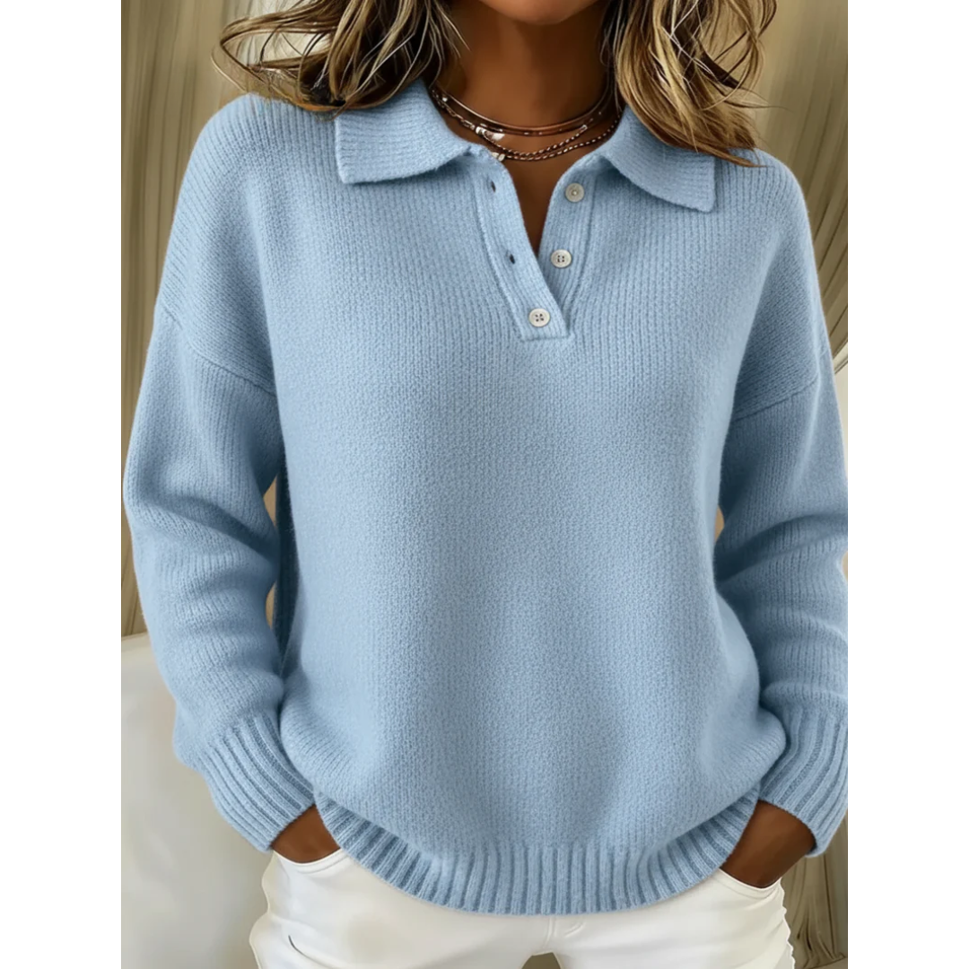 Cozy comfort jumper in light blue knit, button-front henley and ribbed trim