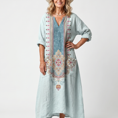 Sky blue pocket midi dress with embroidered V-neck front and three-quarter sleeves