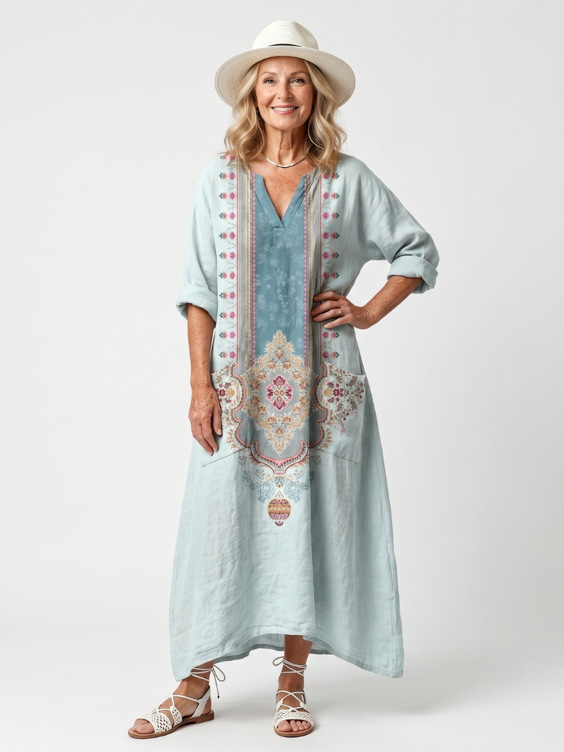 Sky blue pocket midi dress with embroidered V-neck front and three-quarter sleeves