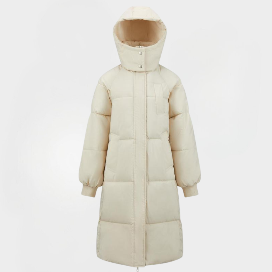 Women's long hooded puffer coat in cream, full zip, front pockets, padded hood.