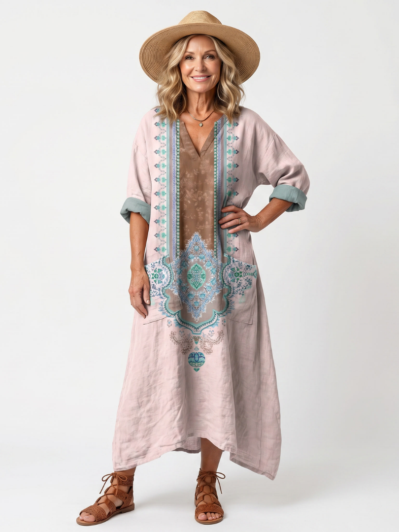 Pink relaxed pocket midi dress with turquoise embroidered border and 3/4 sleeves