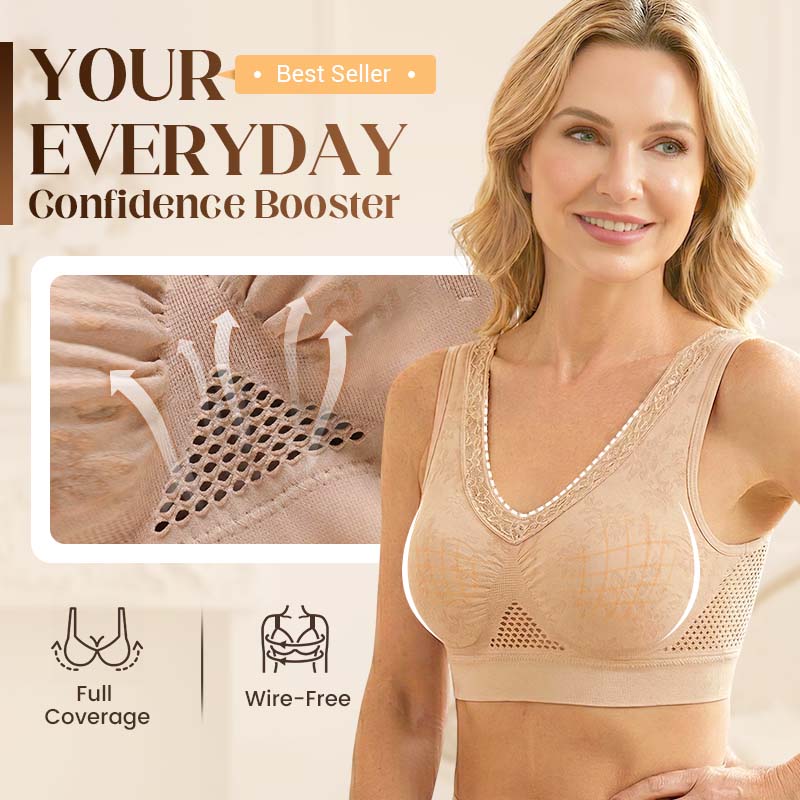 Nude seamless lace support bra with mesh cup panels and lace-trim neckline