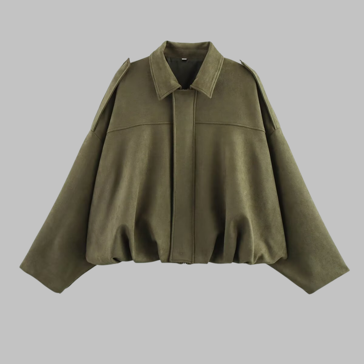 Loose military jacket in olive green with turn-down collar and center zip